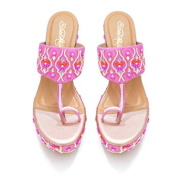 Pink mirror embroidered leather wedges 5