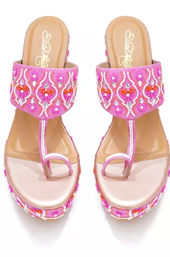 Pink mirror embroidered leather wedges