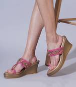 Pink floral embroidered leather wedges
