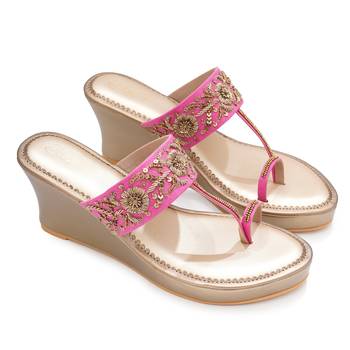 Pink floral embroidered leather wedges 2