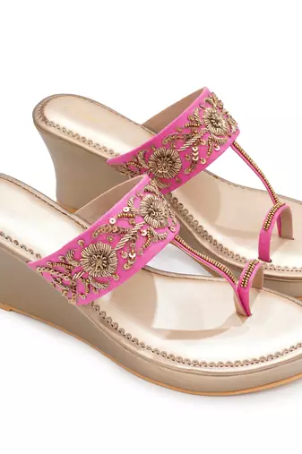 Pink floral embroidered leather wedges