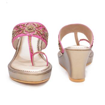 Pink floral embroidered leather wedges 3