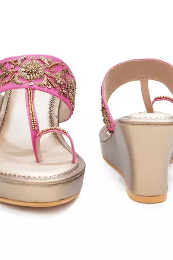 Pink floral embroidered leather wedges
