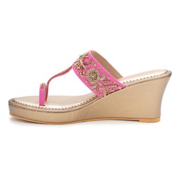 Pink floral embroidered leather wedges 4