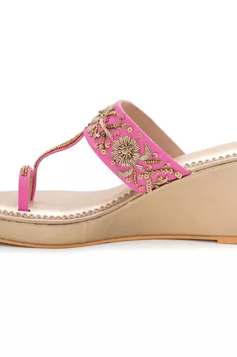 Pink floral embroidered leather wedges