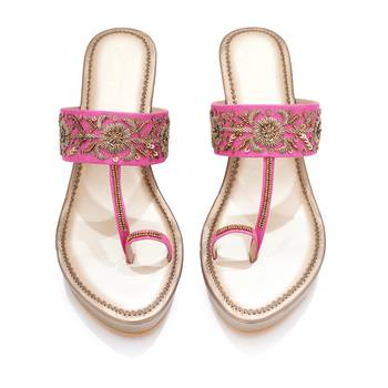 Pink floral embroidered leather wedges 5