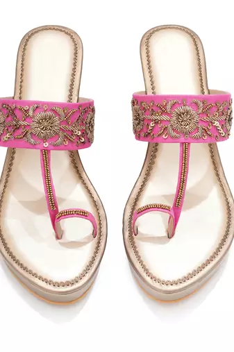 Pink floral embroidered leather wedges