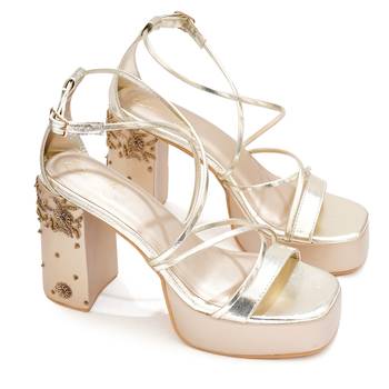 Gold embroidered leather block heels 2