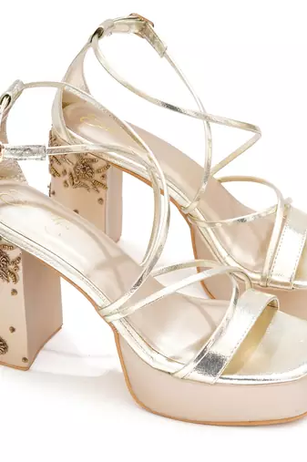 Gold embroidered leather block heels