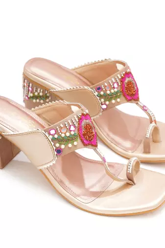 Multicolor embroidered leather  heels