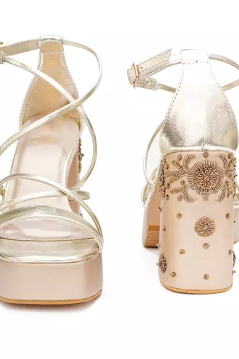 Gold embroidered leather block heels
