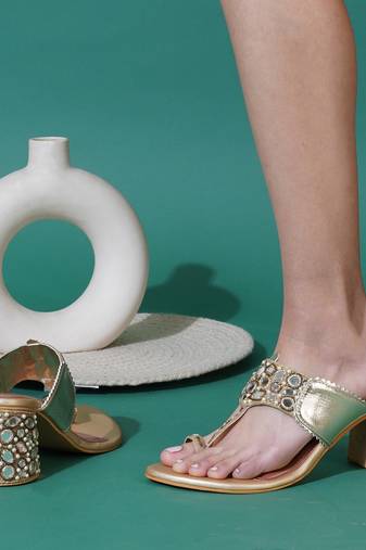 Multicolor mirror embroidered leather  block heels