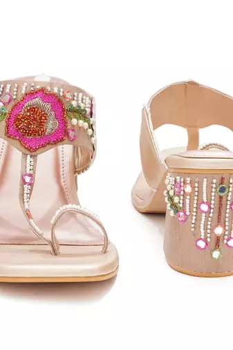 Multicolor embroidered leather  heels