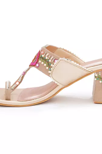 Multicolor embroidered leather  heels