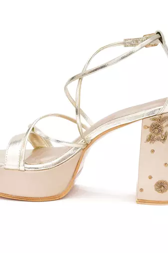 Gold embroidered leather block heels