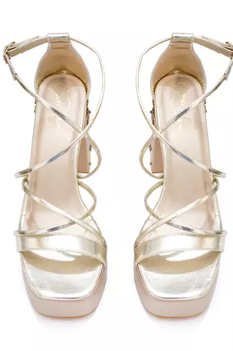 Gold embroidered leather block heels