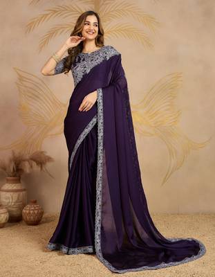 Purple Chiffon Sequin Embroidery Coding Work Saree with Unstitched Net Blouse  1