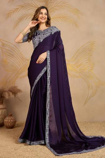 Purple Chiffon Sequin Embroidery Coding Work Saree with Unstitched Net Blouse 
