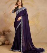 Trendmalls Purple Chiffon Sequin Embroidery Coding Work Saree with Unstitched Net Blouse 