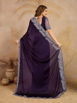 Purple Chiffon Sequin Embroidery Coding Work Saree with Unstitched Net Blouse  2