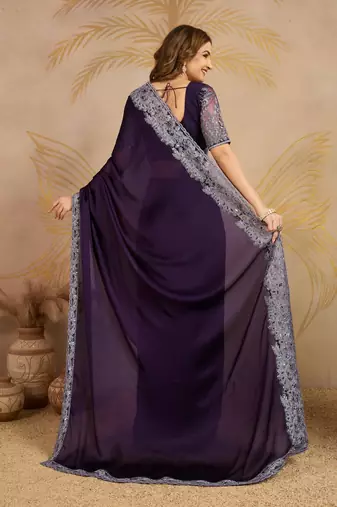 Purple Chiffon Sequin Embroidery Coding Work Saree with Unstitched Net Blouse 