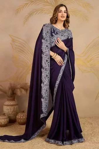 Purple Chiffon Sequin Embroidery Coding Work Saree with Unstitched Net Blouse 