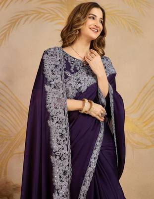 Purple Chiffon Sequin Embroidery Coding Work Saree with Unstitched Net Blouse  4