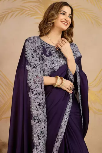 Purple Chiffon Sequin Embroidery Coding Work Saree with Unstitched Net Blouse 