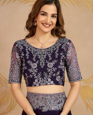 Purple Chiffon Sequin Embroidery Coding Work Saree with Unstitched Net Blouse  5