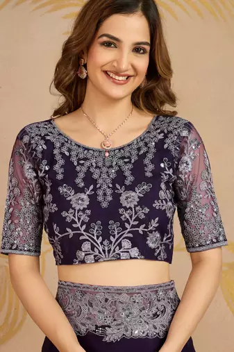 Purple Chiffon Sequin Embroidery Coding Work Saree with Unstitched Net Blouse 