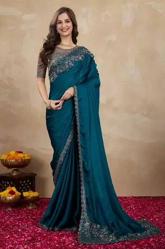 Trendmalls Morpeach Art Silk Sequin Embroidery Saree with Unstitched Net Blouse 