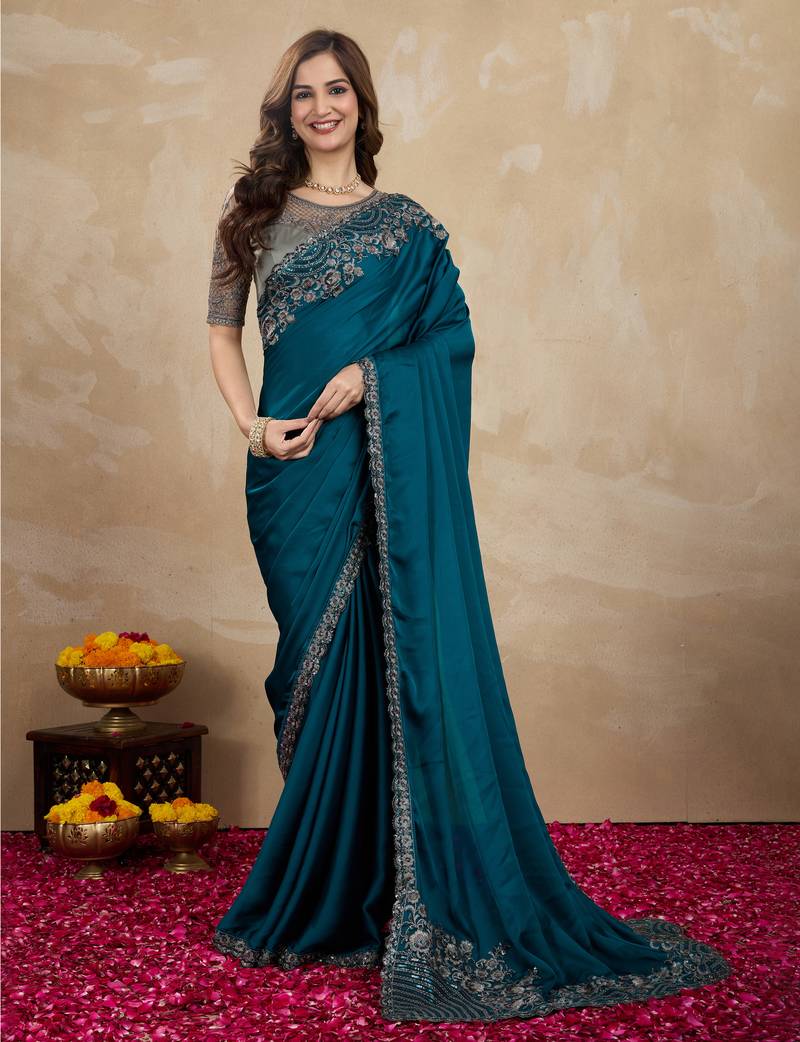 Trendmalls Morpeach Art Silk Sequin Embroidery Saree with Unstitched Net Blouse 
