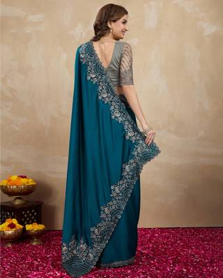 Trendmalls Morpeach Art Silk Sequin Embroidery Saree with Unstitched Net Blouse  2