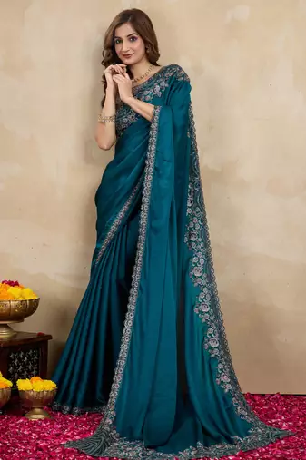 Trendmalls Morpeach Art Silk Sequin Embroidery Saree with Unstitched Net Blouse 