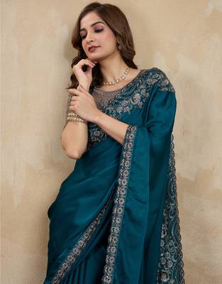 Trendmalls Morpeach Art Silk Sequin Embroidery Saree with Unstitched Net Blouse  4