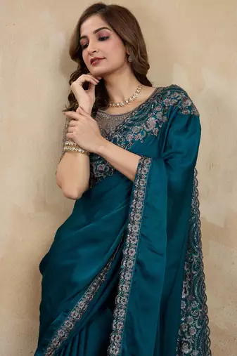 Trendmalls Morpeach Art Silk Sequin Embroidery Saree with Unstitched Net Blouse 