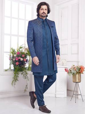 men's blue 3 peice jacket set with imported jaquard silk and faux satin 2