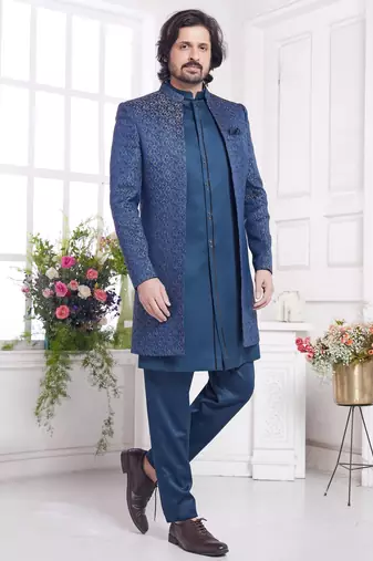 men's blue 3 peice jacket set with imported jaquard silk and faux satin