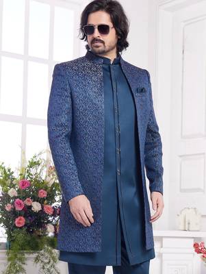 men's blue 3 peice jacket set with imported jaquard silk and faux satin 3