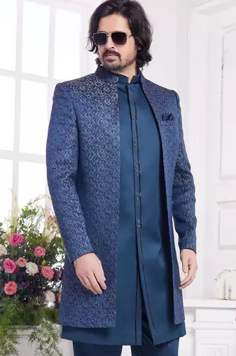 men's blue 3 peice jacket set with imported jaquard silk and faux satin