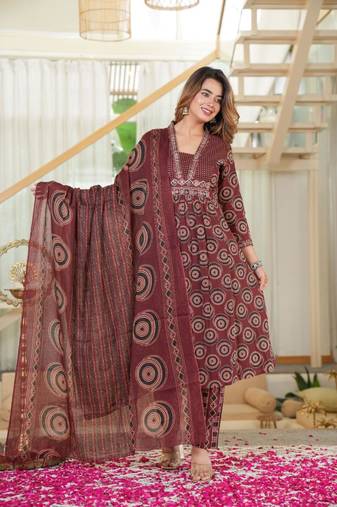 Cotton cambric semi-anarkali printed kurti-pant-dupatta  set