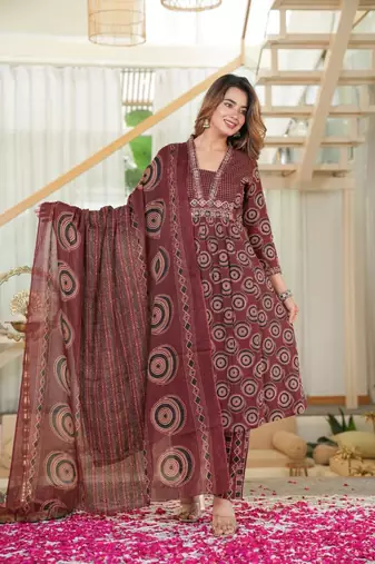 Cotton cambric semi-anarkali printed kurti-pant-dupatta  set
