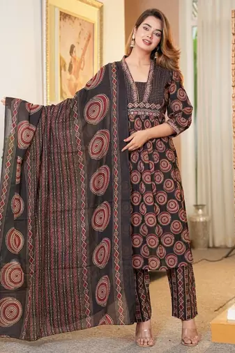 Cotton cambric semi-anarkali printed kurti-pant-dupatta  set