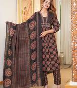 Cotton cambric semi-anarkali printed kurti-pant-dupatta  set
