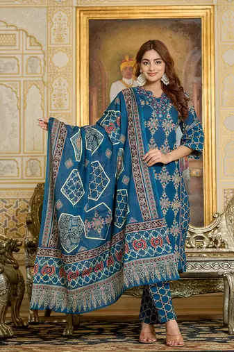 Cotton cambric straight  printed kurti-pant-dupatta  set