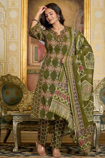Cotton cambric straight  printed kurti-pant-dupatta  set