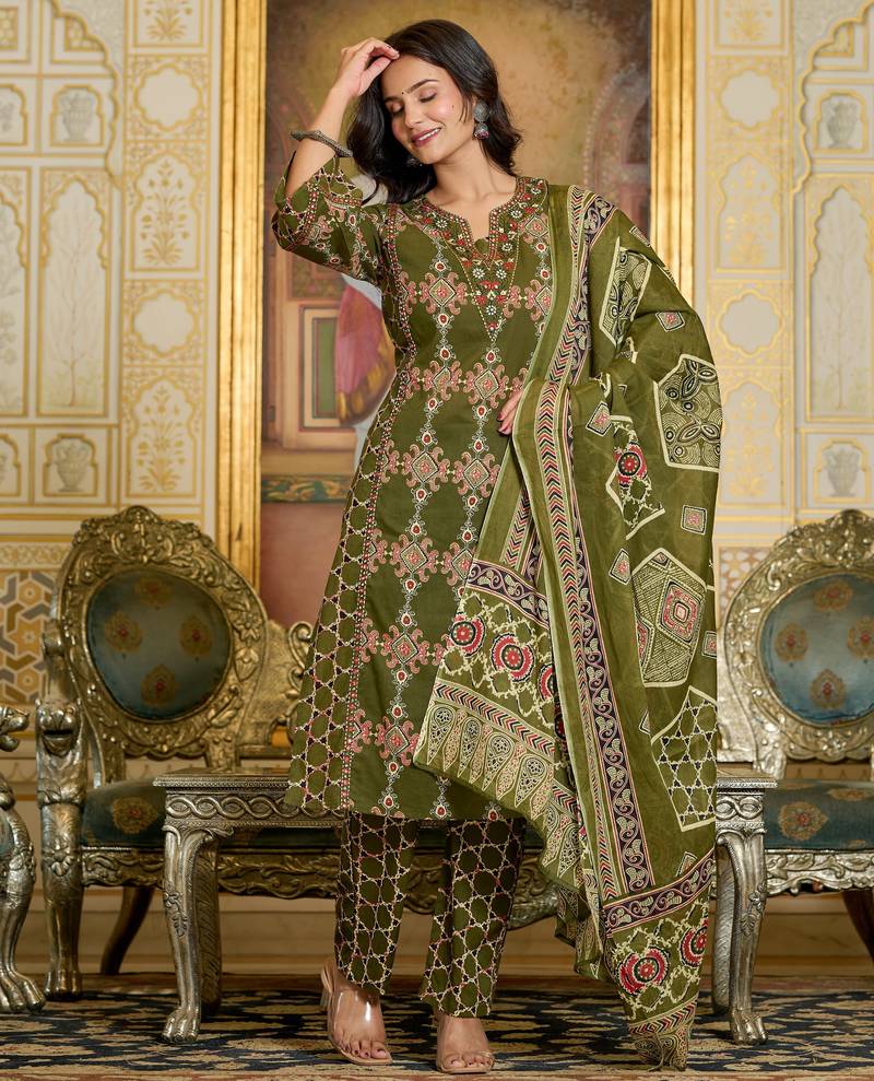 Cotton cambric straight  printed kurti-pant-dupatta  set