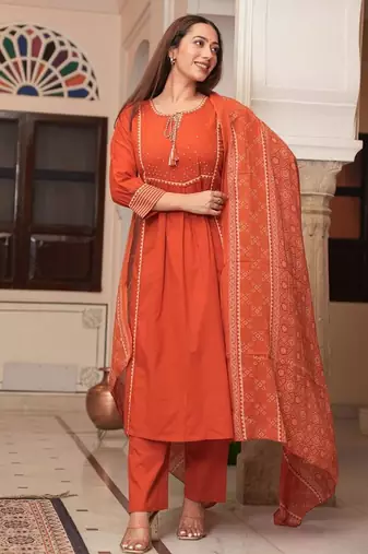 Cotton cambric semi-anarkali printed kurti-pant-dupatta  set