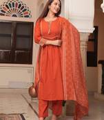Cotton cambric semi-anarkali printed kurti-pant-dupatta  set