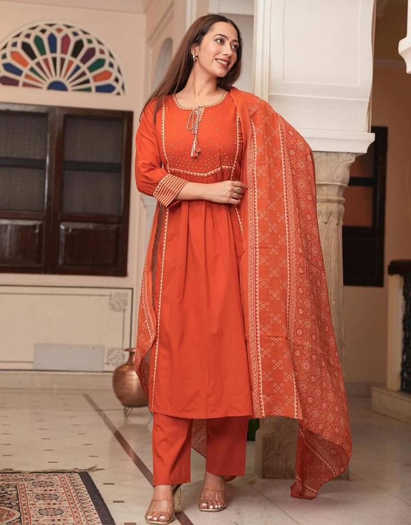 Cotton cambric semi-anarkali printed kurti-pant-dupatta  set